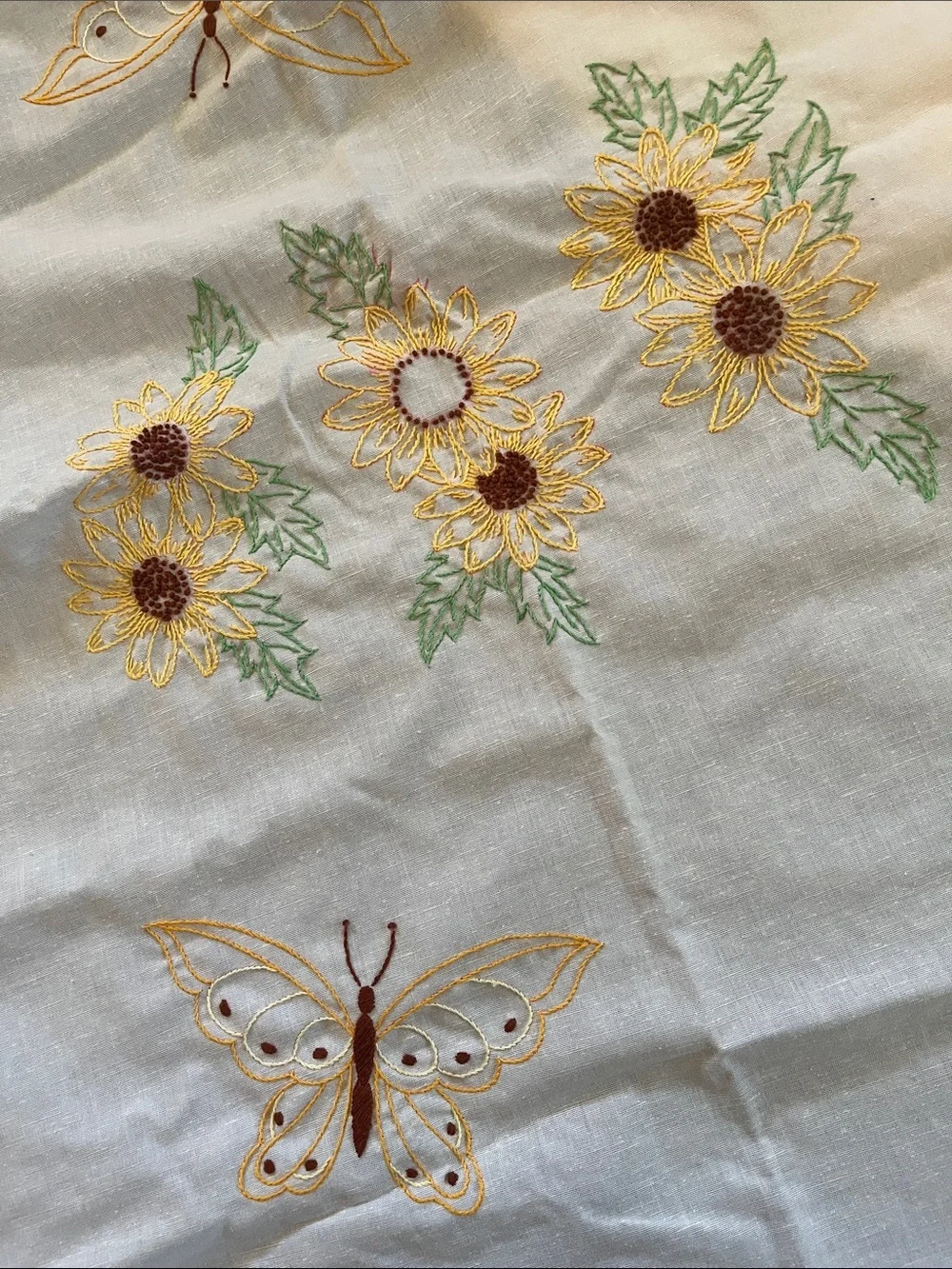 Vtg Embroidery Sunflowers & Butterflies Tablecloth Floral Nature 49.5x50 Cottage